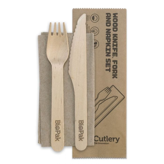 Biopak 16cm Wooden Fork Knife Napkin Coated Combo
